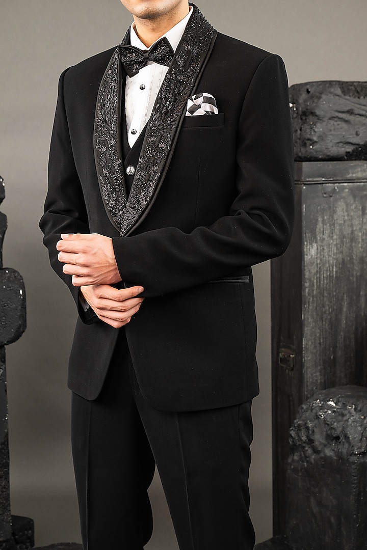 Black Japanese Fabric Beadwork Tuxedo Set by ADANI at Pernia's Pop Up Shop
