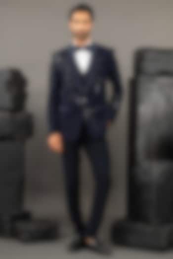 Blue Japanese Fabric Hand Embroidered Tuxedo Set by ADANI at Pernia's Pop Up Shop