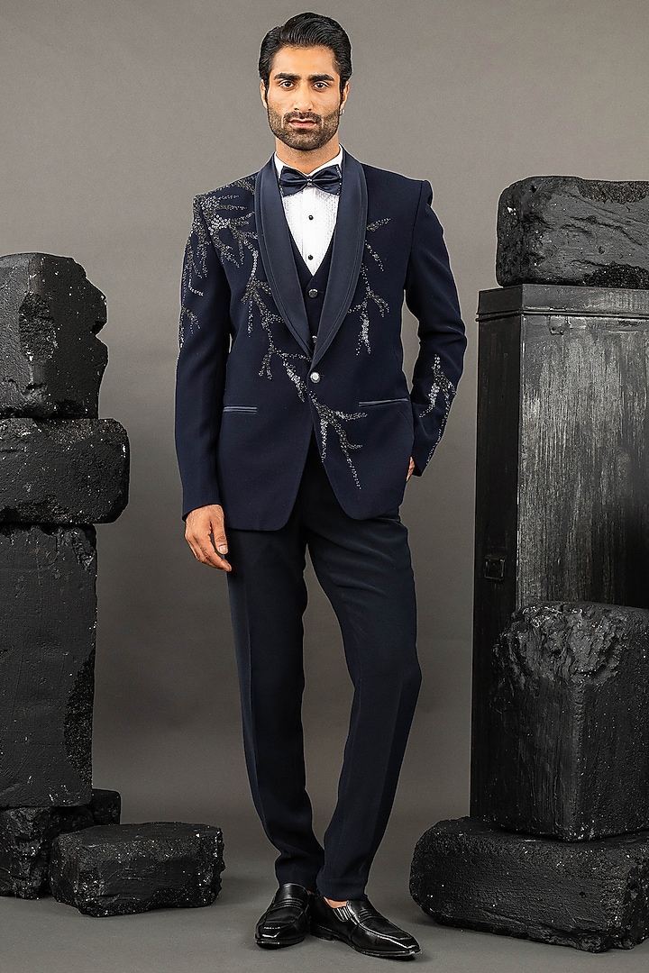 Blue Japanese Fabric Hand Embroidered Tuxedo Set by ADANI at Pernia's Pop Up Shop