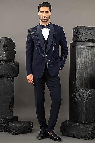 Blue Japanese Fabric Hand Embroidered Tuxedo Set by ADANI
