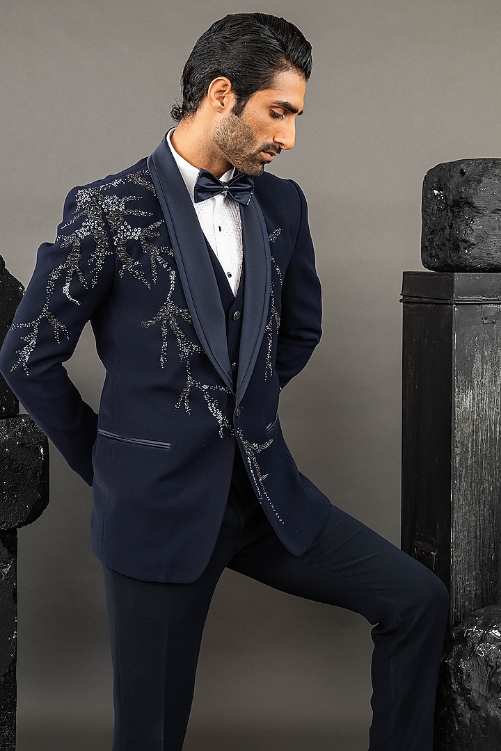 Blue Japanese Fabric Hand Embroidered Tuxedo Set by ADANI at Pernia's Pop Up Shop
