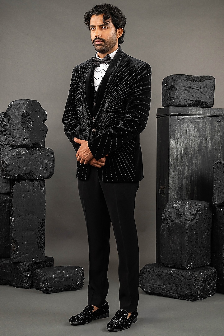 Black Velvet Embellished Tuxedo Set by ADANI at Pernia's Pop Up Shop