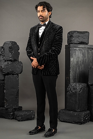 Black Velvet Embellished Tuxedo Set by ADANI