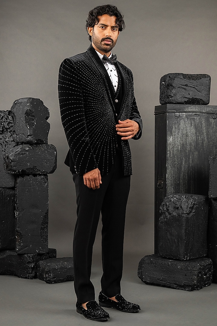 Black Velvet Embellished Tuxedo Set by ADANI at Pernia's Pop Up Shop