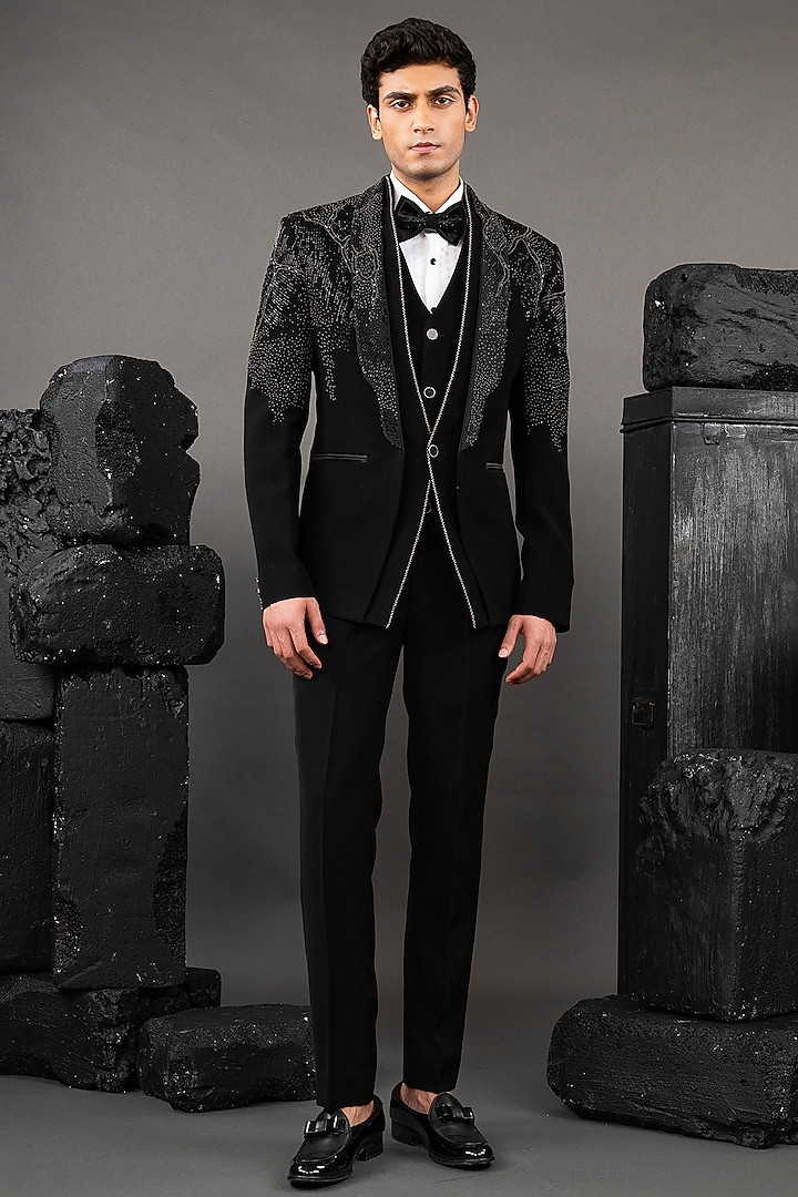 Black Japanese Fabric Embellished Tuxedo Set by ADANI at Pernia's Pop Up Shop