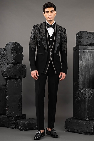 Black Japanese Fabric Embellished Tuxedo Set by ADANI