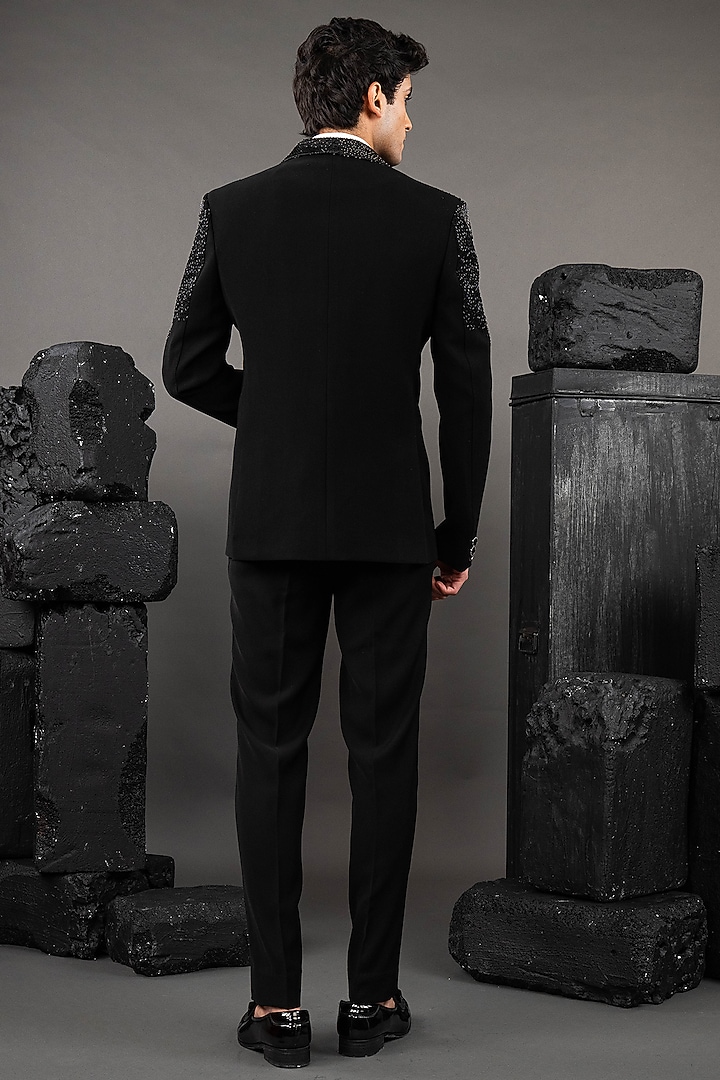 Black Japanese Fabric Embellished Tuxedo Set by ADANI at Pernia's Pop Up Shop