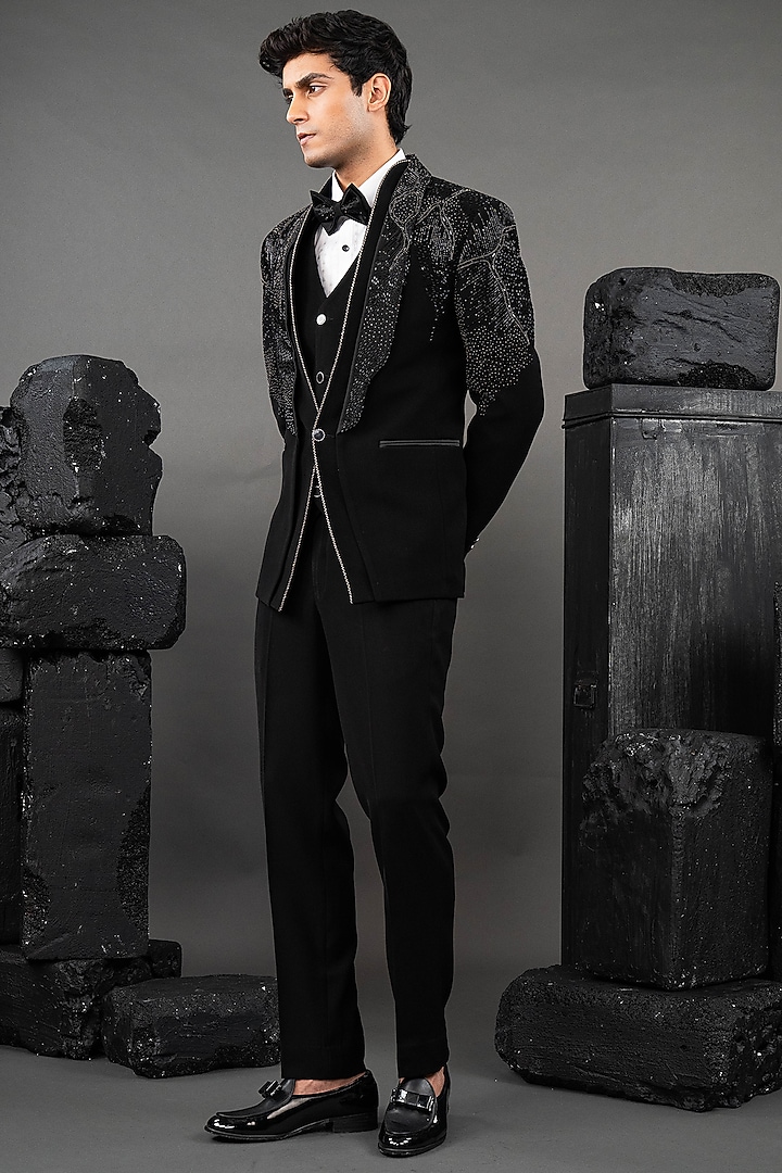 Black Japanese Fabric Embellished Tuxedo Set by ADANI at Pernia's Pop Up Shop