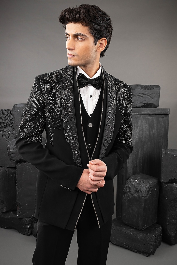 Black Japanese Fabric Embellished Tuxedo Set by ADANI at Pernia's Pop Up Shop
