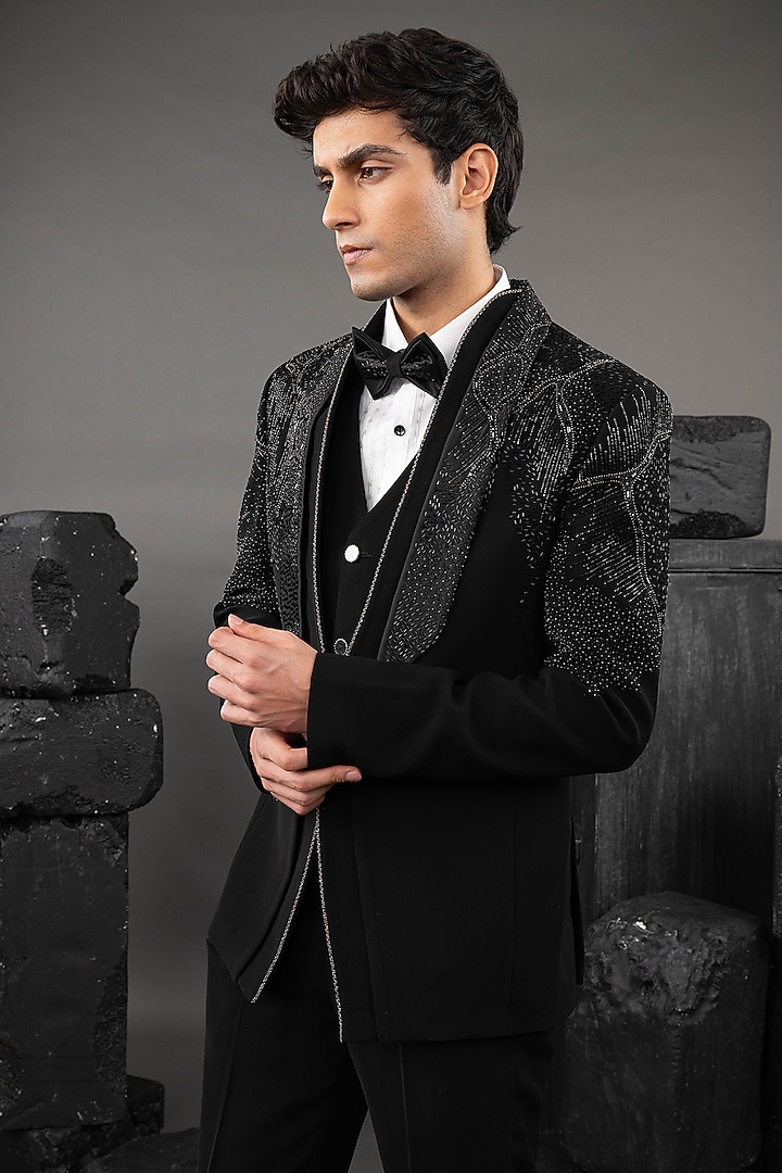 Black Japanese Fabric Embellished Tuxedo Set by ADANI at Pernia's Pop Up Shop