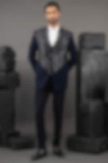 Blue Japanese Fabric Embellished Tuxedo Set by ADANI at Pernia's Pop Up Shop