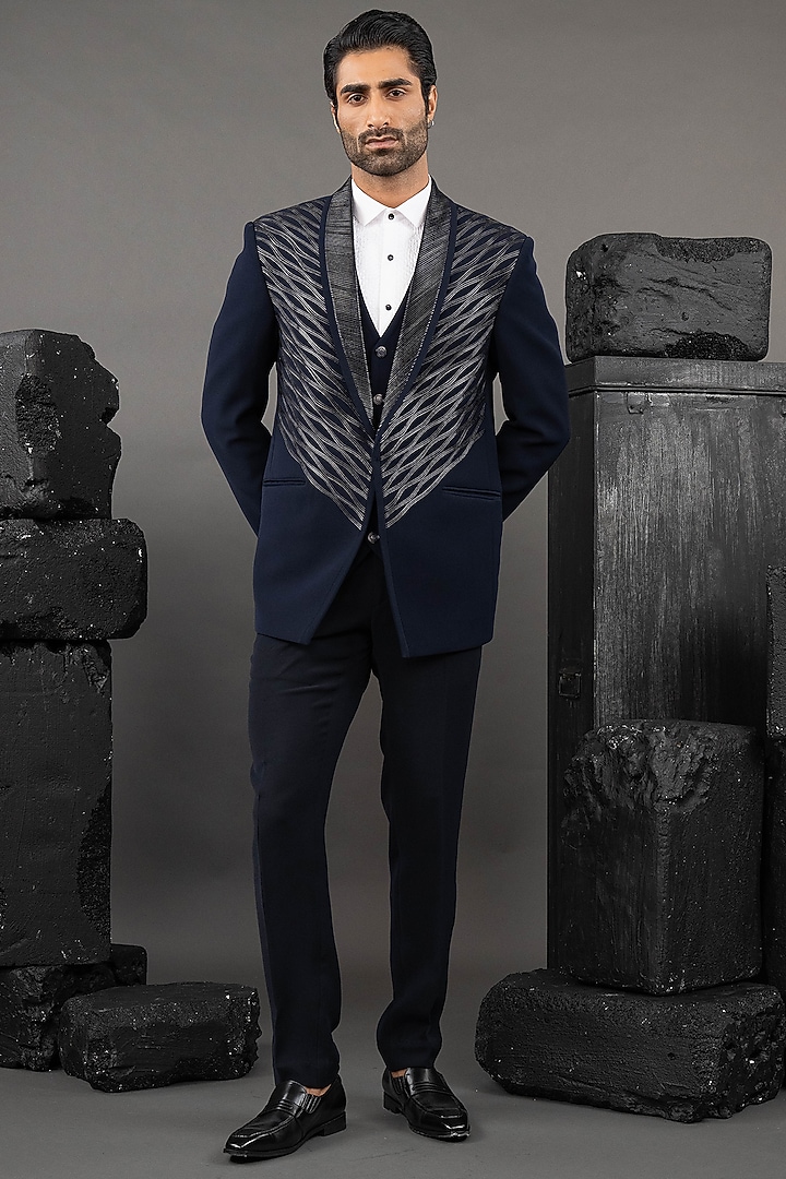 Blue Japanese Fabric Embellished Tuxedo Set by ADANI at Pernia's Pop Up Shop