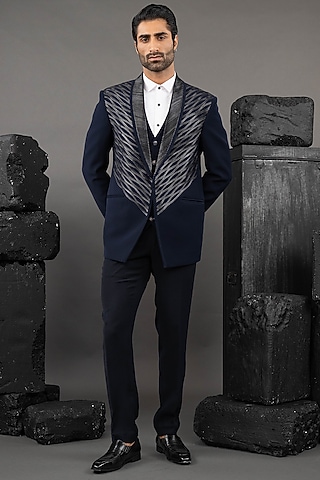 Blue Japanese Fabric Embellished Tuxedo Set by ADANI