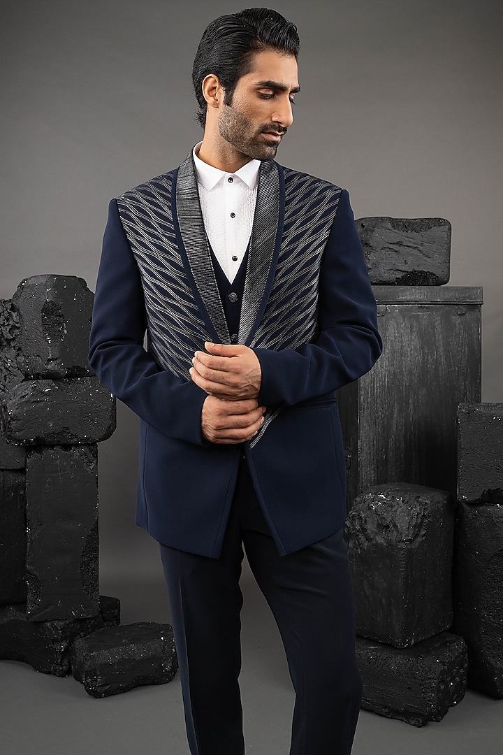 Blue Japanese Fabric Embellished Tuxedo Set by ADANI at Pernia's Pop Up Shop