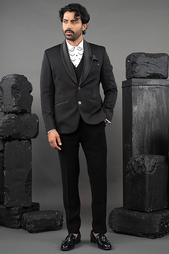 Blue Japanese Fabric Embellished Tuxedo Set by ADANI at Pernia's Pop Up Shop