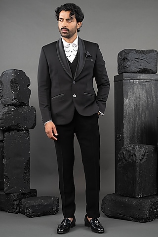 Blue Japanese Fabric Embellished Tuxedo Set by ADANI