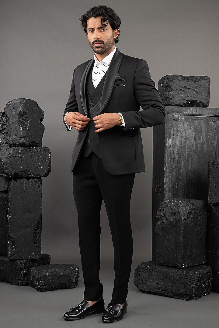 Blue Japanese Fabric Embellished Tuxedo Set by ADANI at Pernia's Pop Up Shop