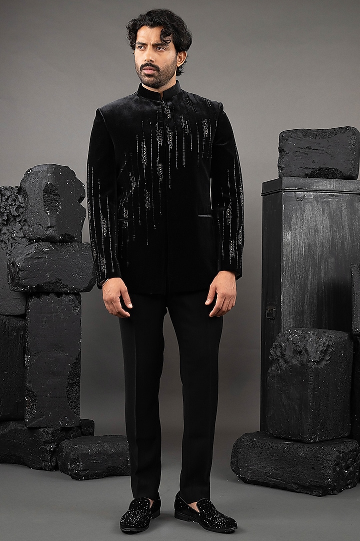 Black Velvet Beadwork Tuxedo Set by ADANI at Pernia's Pop Up Shop