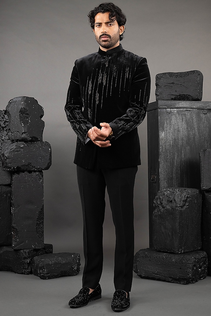 Black Velvet Beadwork Tuxedo Set by ADANI at Pernia's Pop Up Shop