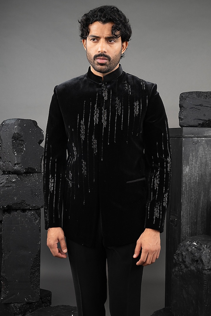 Black Velvet Beadwork Tuxedo Set by ADANI at Pernia's Pop Up Shop