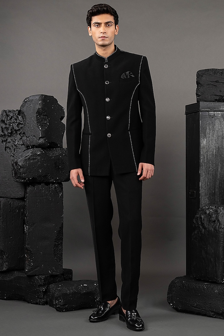 Black Japanese Fabric Thread Embroidered Jodhpuri Set by ADANI at Pernia's Pop Up Shop