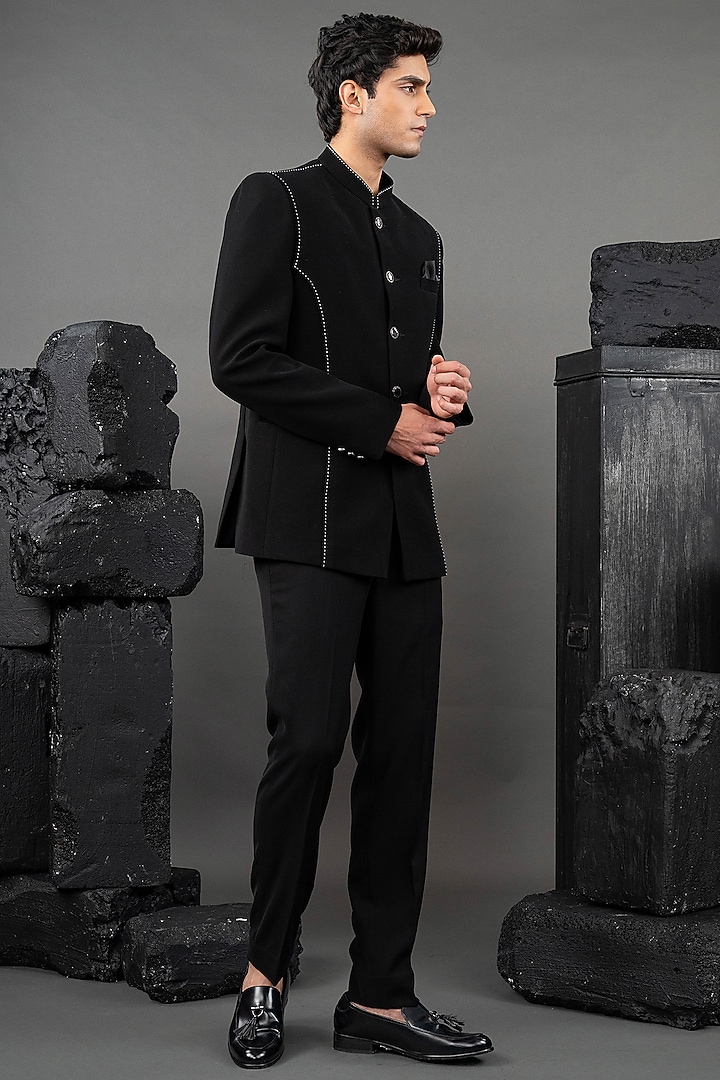 Black Japanese Fabric Thread Embroidered Jodhpuri Set by ADANI at Pernia's Pop Up Shop