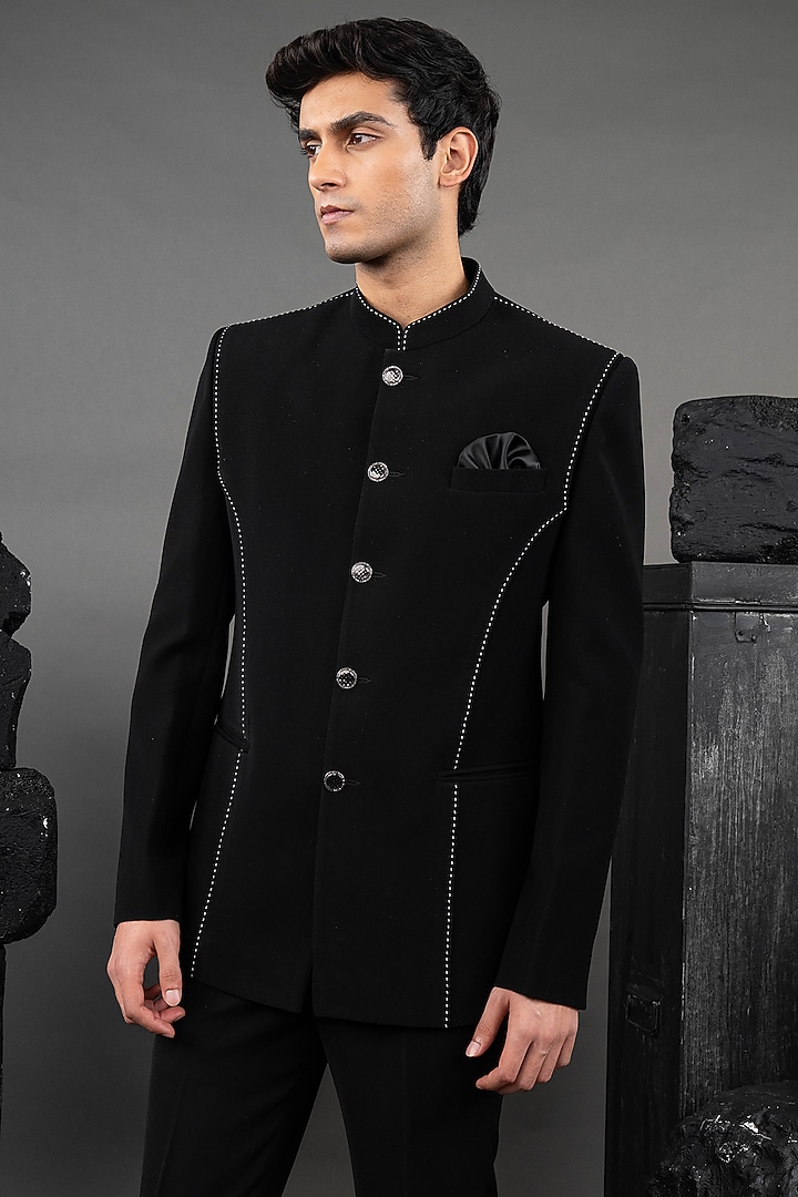 Black Japanese Fabric Thread Embroidered Jodhpuri Set by ADANI at Pernia's Pop Up Shop