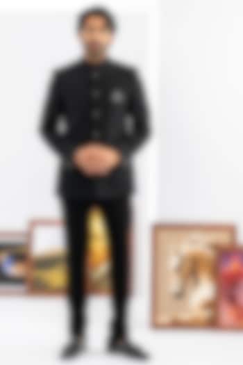 Black Japanese Fabric Jodhpuri Set by ADANI at Pernia's Pop Up Shop