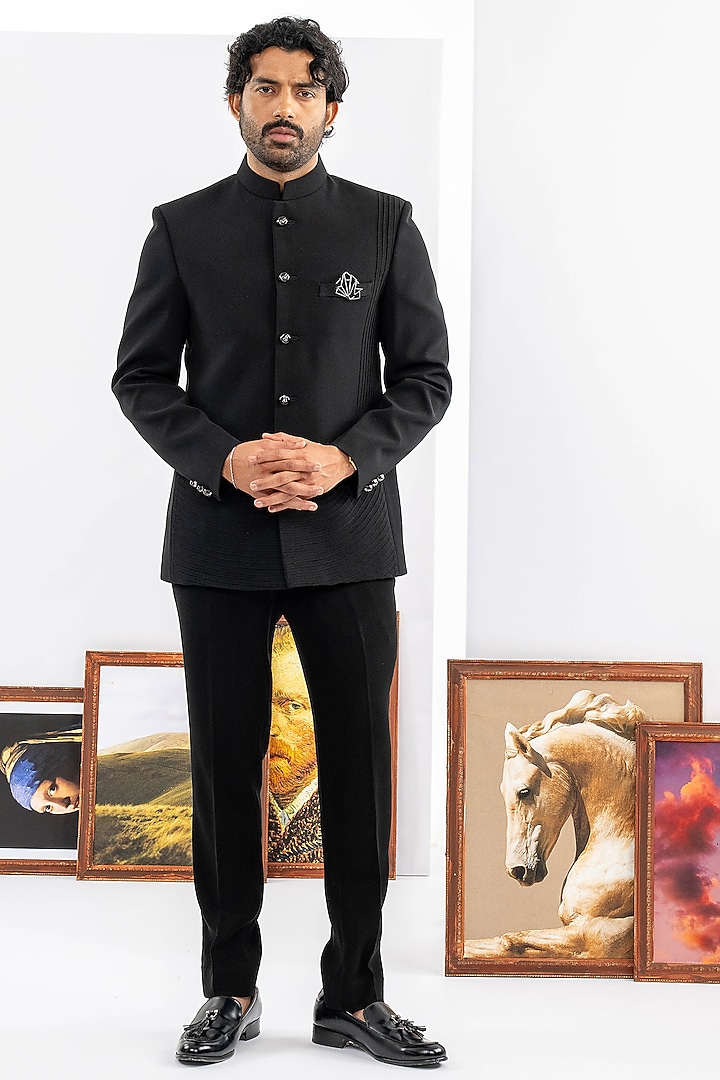 Black Japanese Fabric Jodhpuri Set by ADANI at Pernia's Pop Up Shop