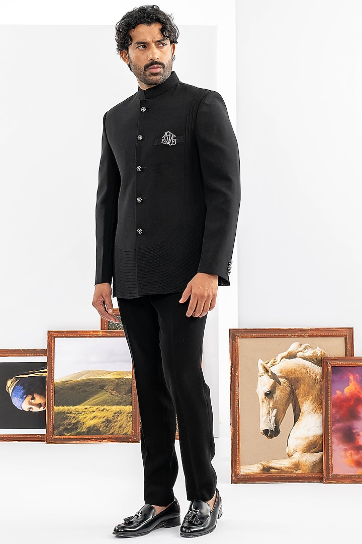 Black Japanese Fabric Jodhpuri Set by ADANI at Pernia's Pop Up Shop