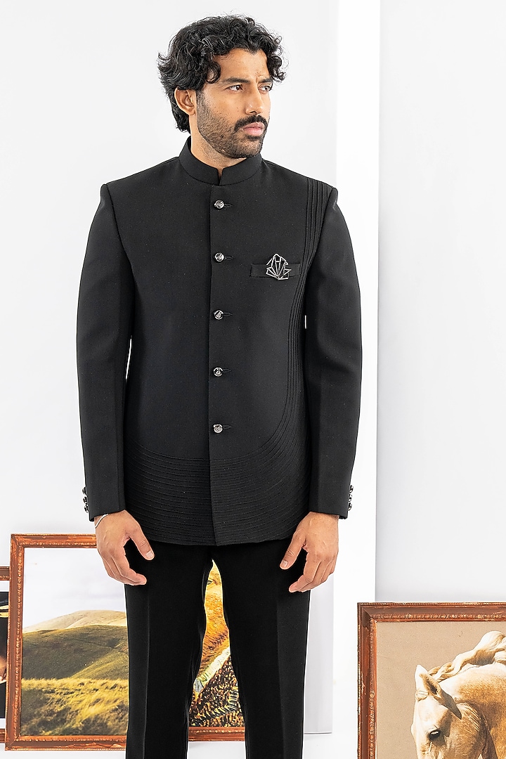 Black Japanese Fabric Jodhpuri Set by ADANI at Pernia's Pop Up Shop