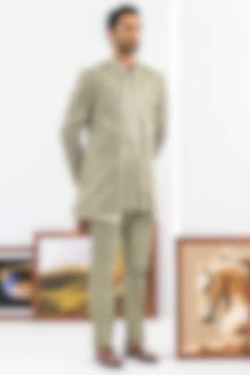 Green Raw Silk Wedding Indowestern Set by ADANI at Pernia's Pop Up Shop