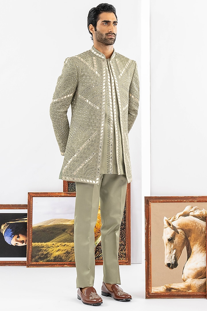 Green Raw Silk Wedding Indowestern Set by ADANI at Pernia's Pop Up Shop