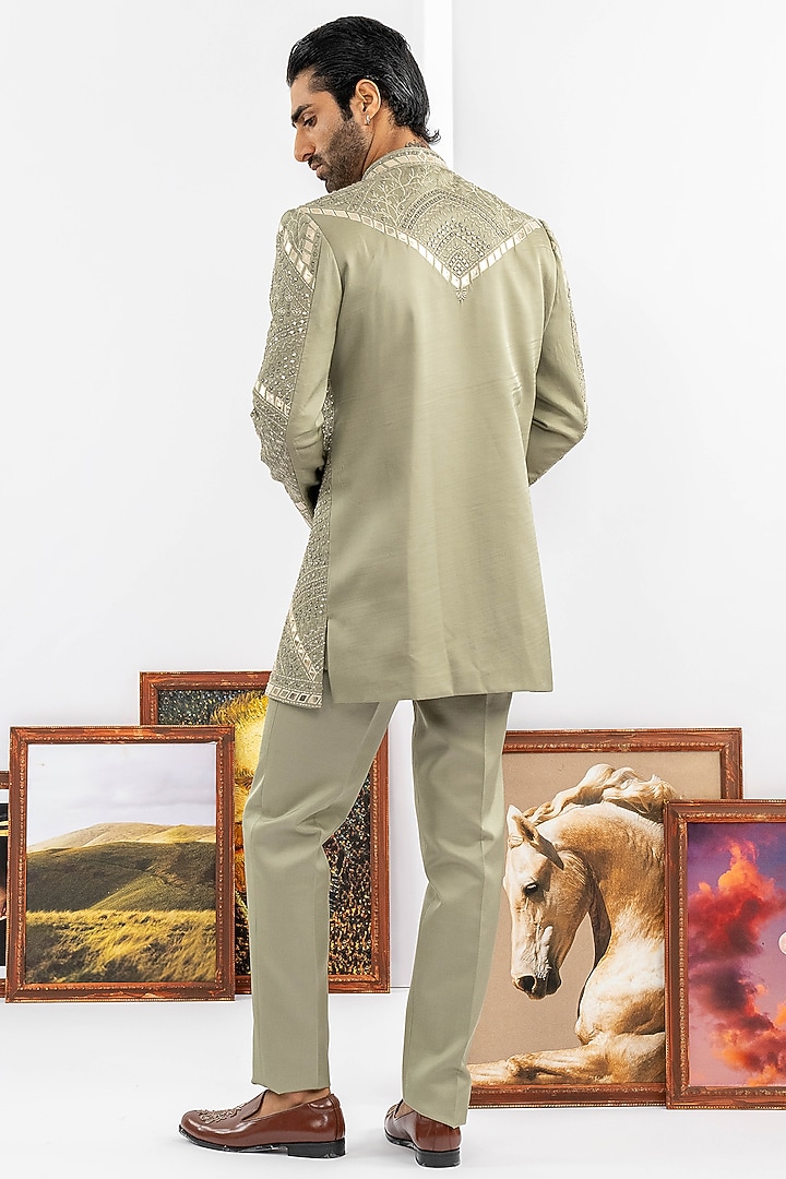 Green Raw Silk Wedding Indowestern Set by ADANI at Pernia's Pop Up Shop