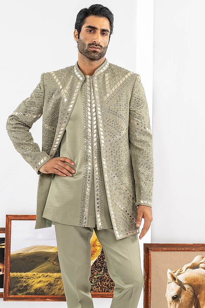 Green Raw Silk Wedding Indowestern Set by ADANI at Pernia's Pop Up Shop