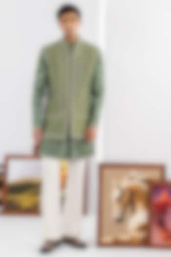 Green Tussar & Dupion Silk Machine Work Wedding Indowestern Set by ADANI at Pernia's Pop Up Shop