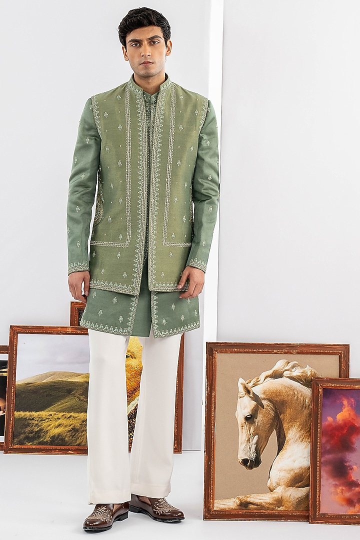 Green Tussar & Dupion Silk Machine Work Wedding Indowestern Set by ADANI at Pernia's Pop Up Shop