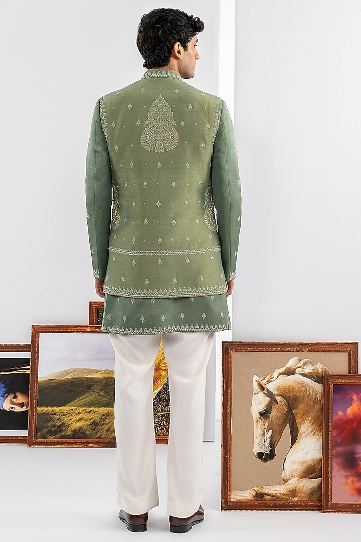 Green Tussar & Dupion Silk Machine Work Wedding Indowestern Set by ADANI at Pernia's Pop Up Shop