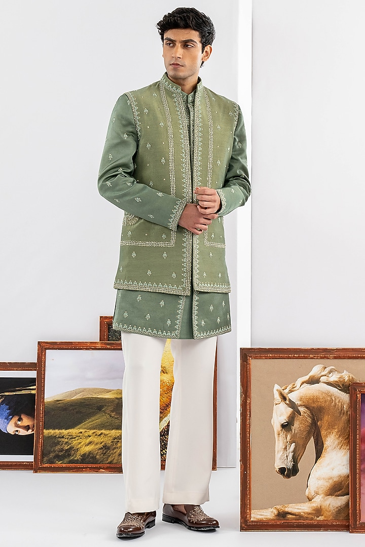 Green Tussar & Dupion Silk Machine Work Wedding Indowestern Set by ADANI at Pernia's Pop Up Shop