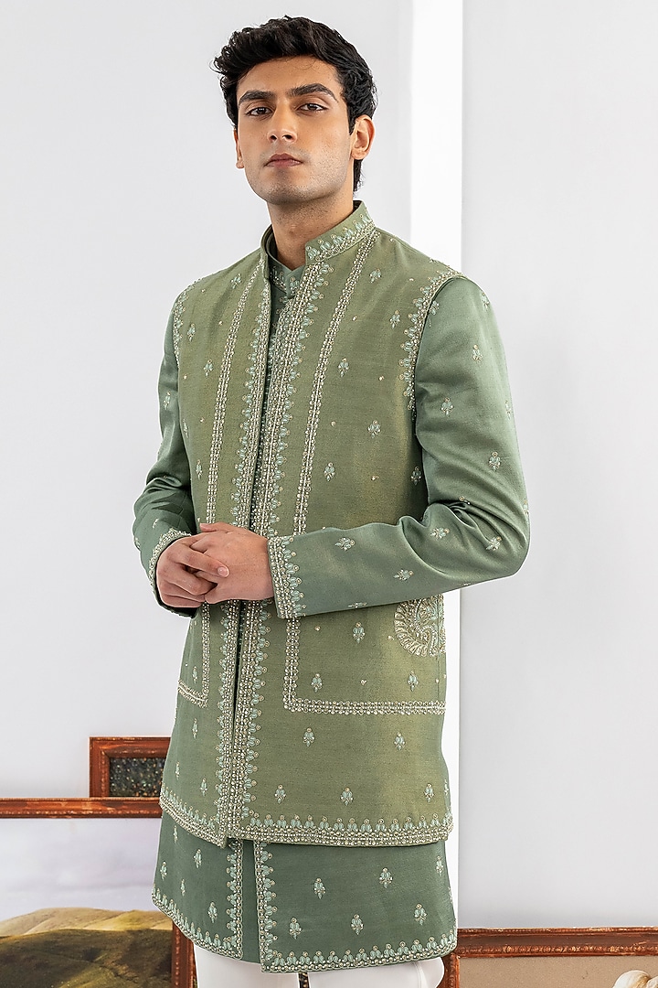 Green Tussar & Dupion Silk Machine Work Wedding Indowestern Set by ADANI at Pernia's Pop Up Shop