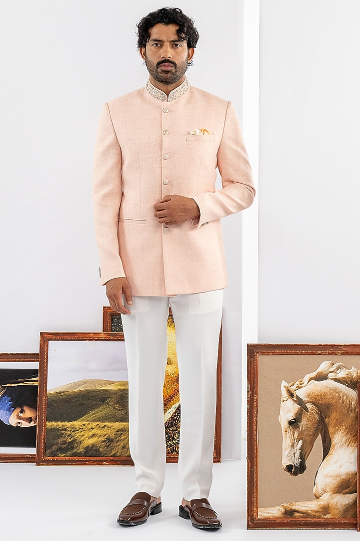 Peach Matka Fabric Jodhpuri Set by ADANI at Pernia's Pop Up Shop
