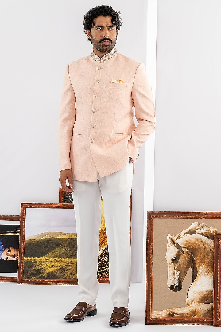 Peach Matka Fabric Jodhpuri Set by ADANI at Pernia's Pop Up Shop