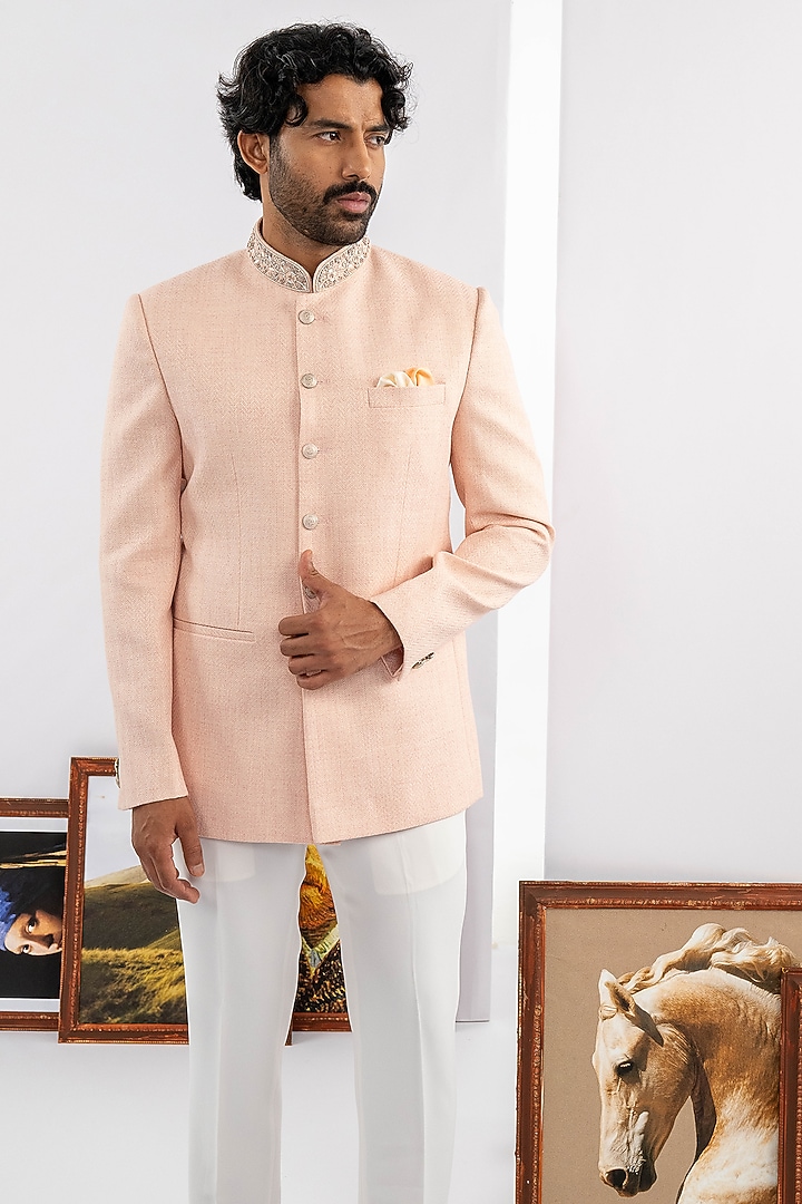 Peach Matka Fabric Jodhpuri Set by ADANI at Pernia's Pop Up Shop