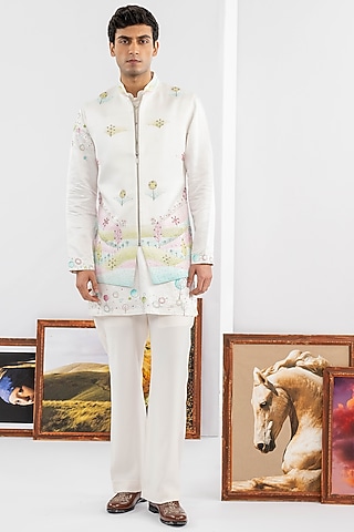 White Japanese Fabric Embroidered Jacket Set by ADANI
