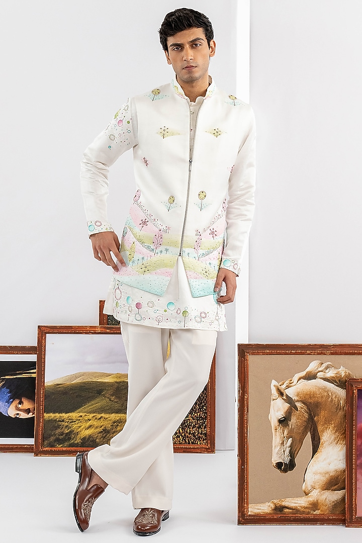 White Japanese Fabric Embroidered Jacket Set by ADANI at Pernia's Pop Up Shop