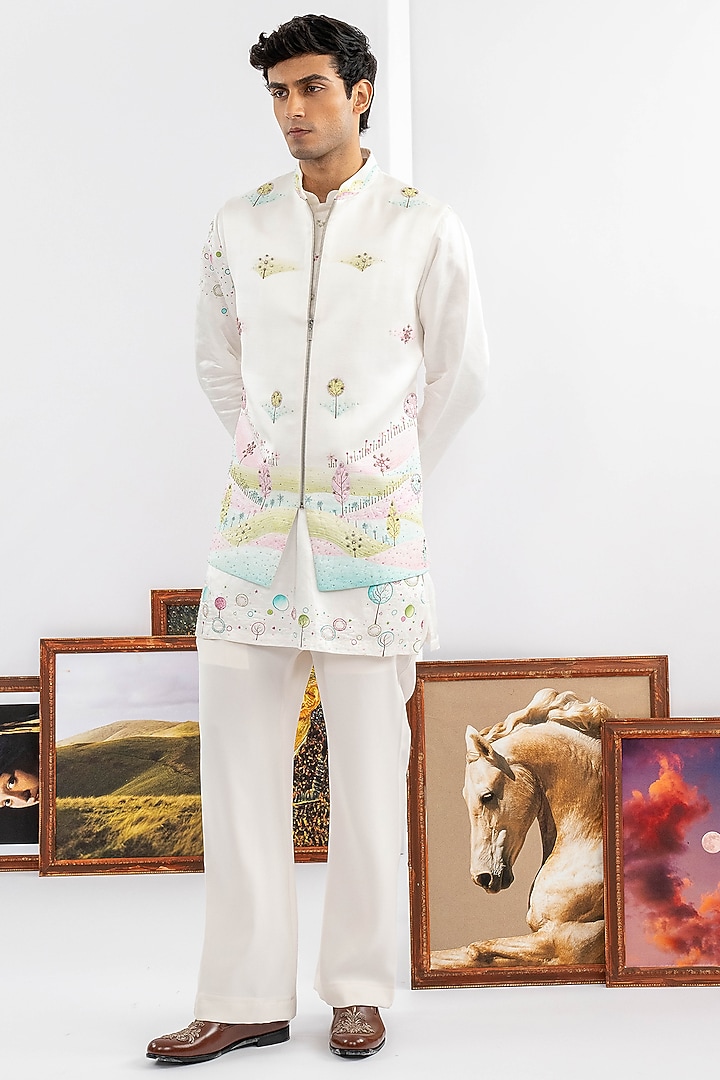 White Japanese Fabric Embroidered Jacket Set by ADANI at Pernia's Pop Up Shop