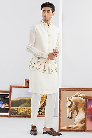 White Dupion Silk Machine & Hand Embroidered Jacket Set by ADANI