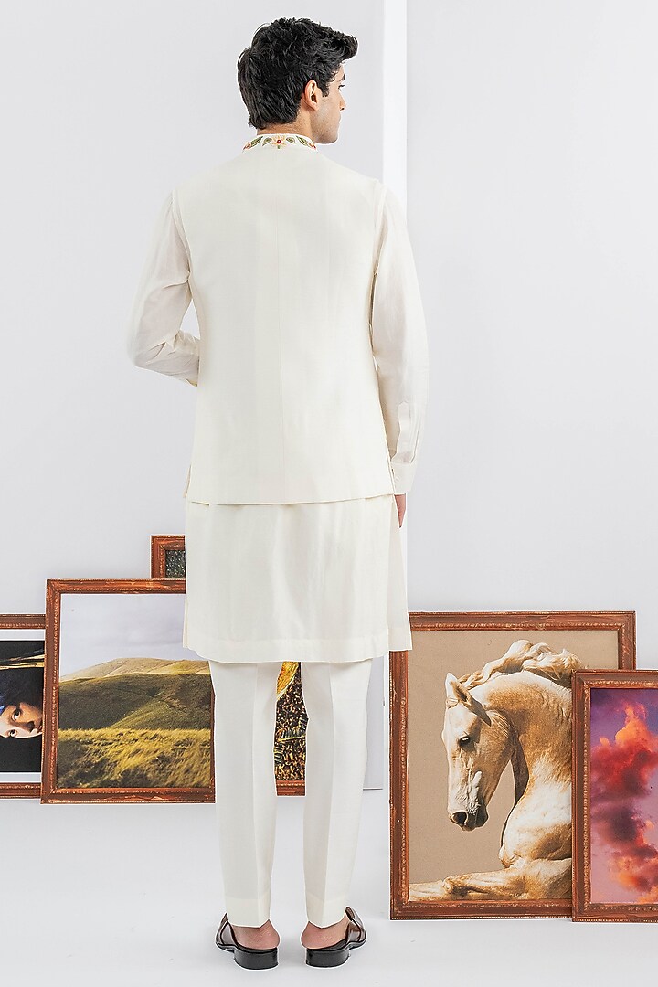 White Dupion Silk Machine & Hand Embroidered Jacket Set by ADANI at Pernia's Pop Up Shop