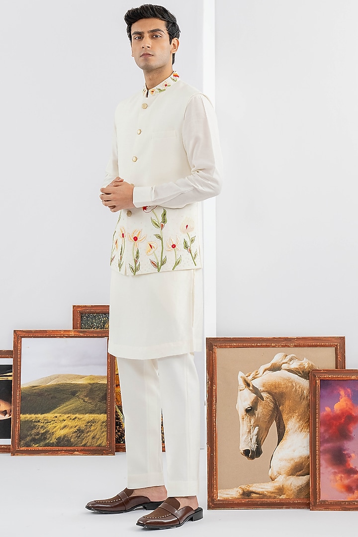 White Dupion Silk Machine & Hand Embroidered Jacket Set by ADANI at Pernia's Pop Up Shop