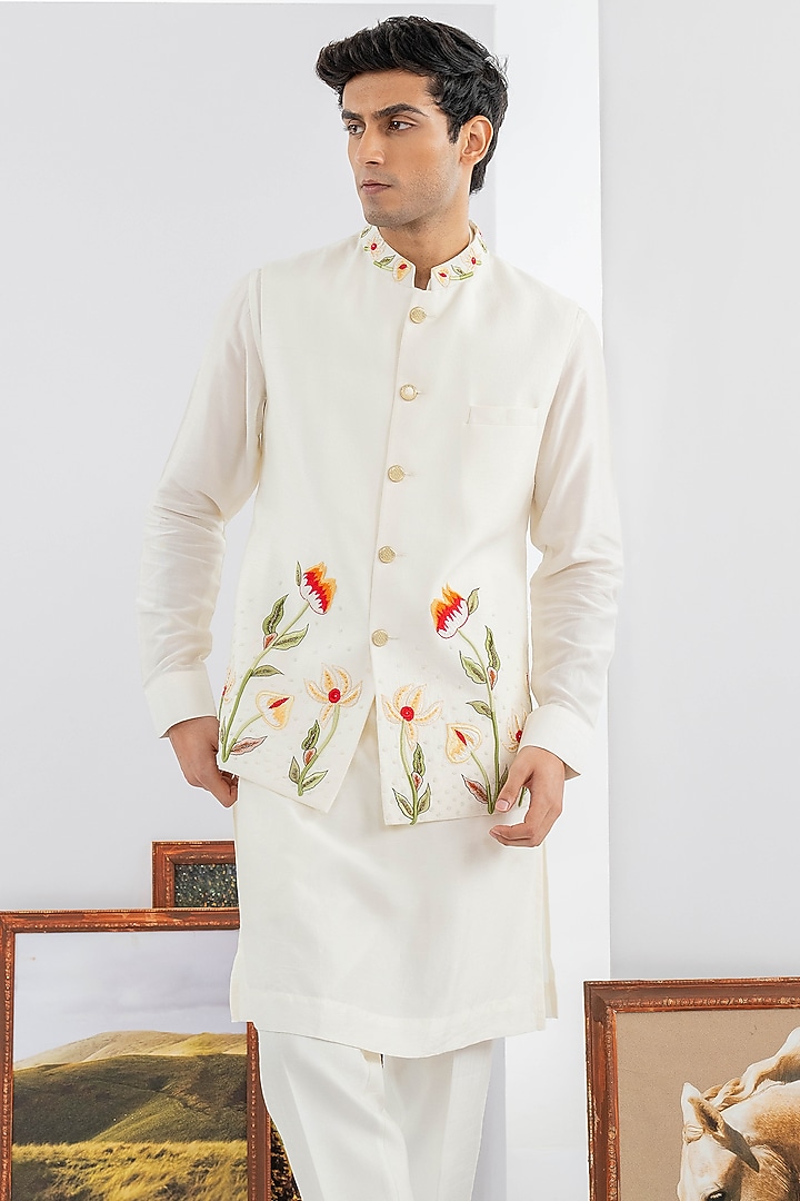 White Dupion Silk Machine & Hand Embroidered Jacket Set by ADANI at Pernia's Pop Up Shop